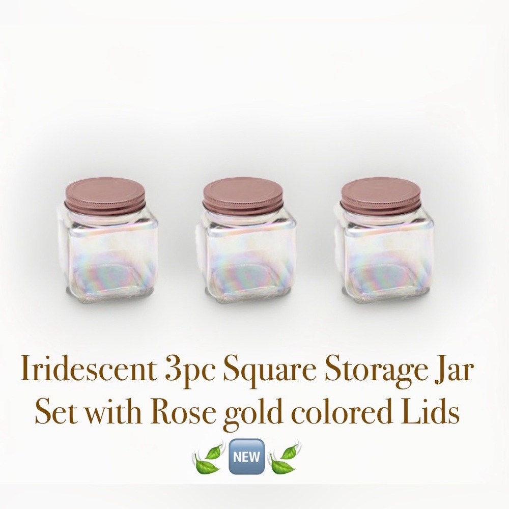 Iridescent Square Glass Jars a  Set of 3 with Rose Gold Colored Lids 🍃🆕🍃